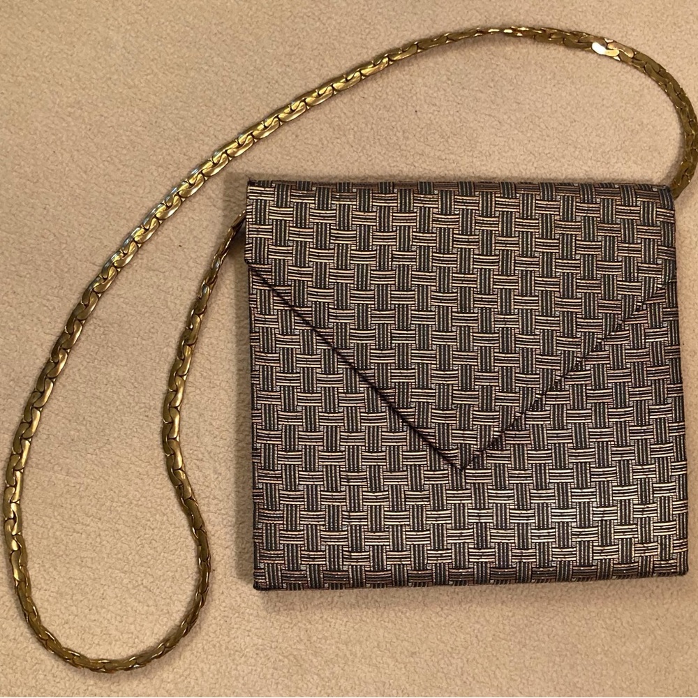 Metallic bronze & gold envelope clutch with bronze tone metal shoulder strap